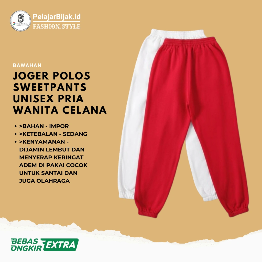 Celana Jogger Sweetpants Polos Unisex Training Pria Wanita Olahraga Santai Promo Agustus Diskon 14%