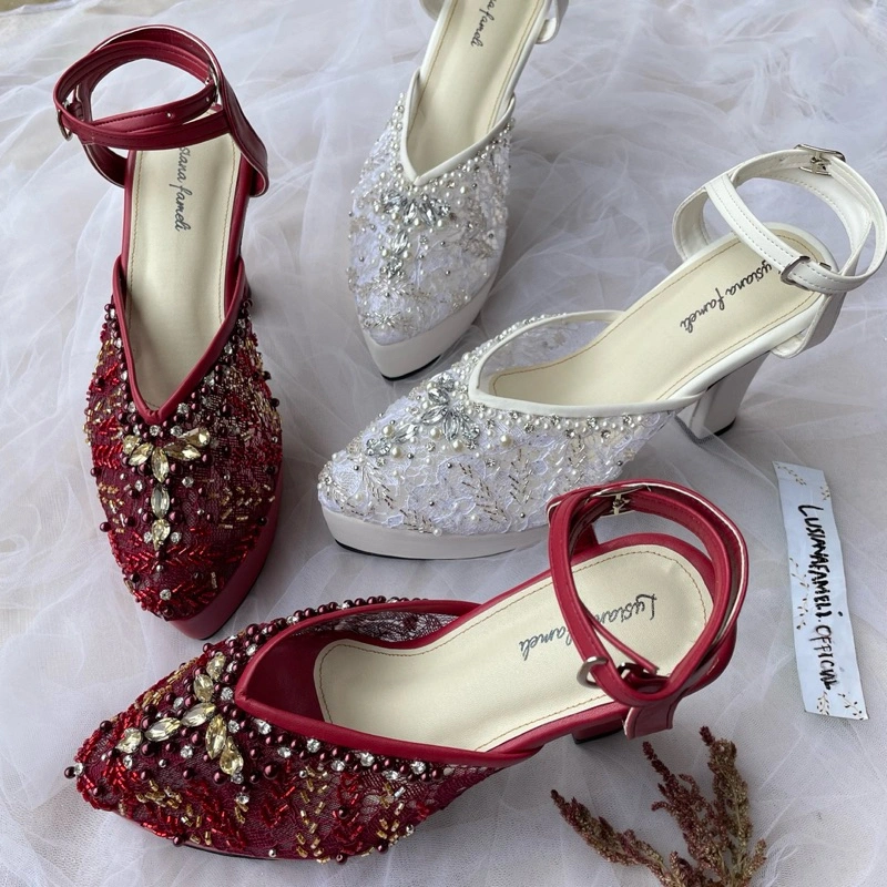 Hagin full payet | sepatu tali pengantin heels platform weddding shoes sepatu pesta in frame warna maroon dan putih