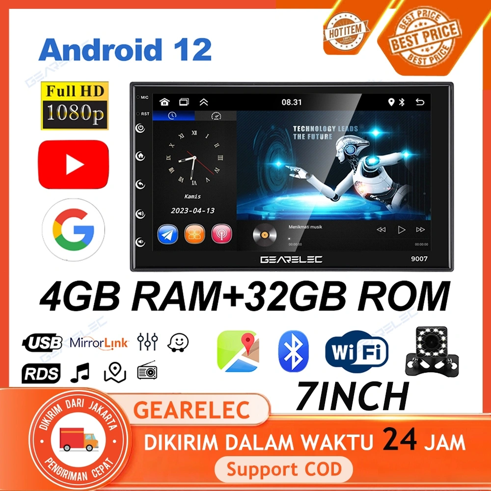 GEARELEC Headunit Android12 7inci 4+32G Radio Mobil Bluetooth WiFi GPS Navigation FM with 25 tema