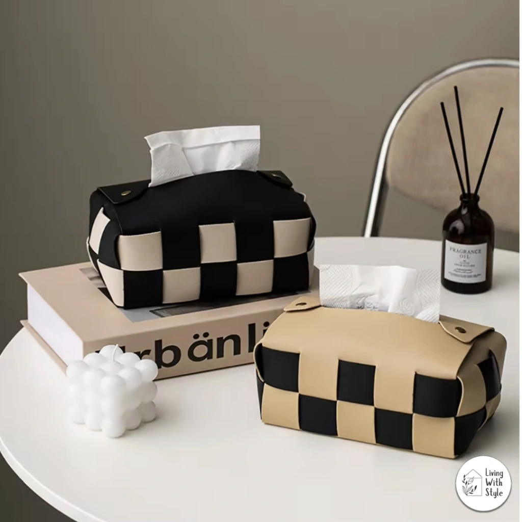 Living With Style - Checkered Style Leather Tissue Case / Tempat Tisu Kulit Cantik / Kotak Tissue Aesthetic Simple Modern / Korean Style Tissue Box Pouch