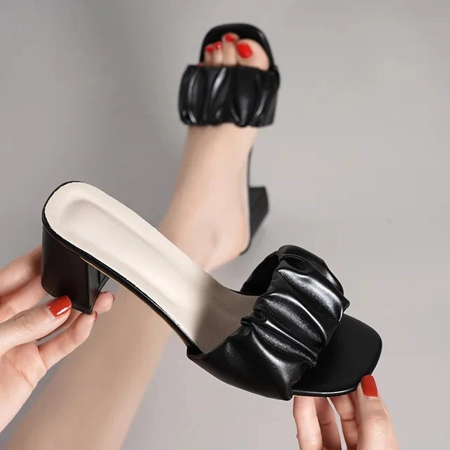 SAHYLA-Sandal wanita block hels hak 5 cm kokop kerut