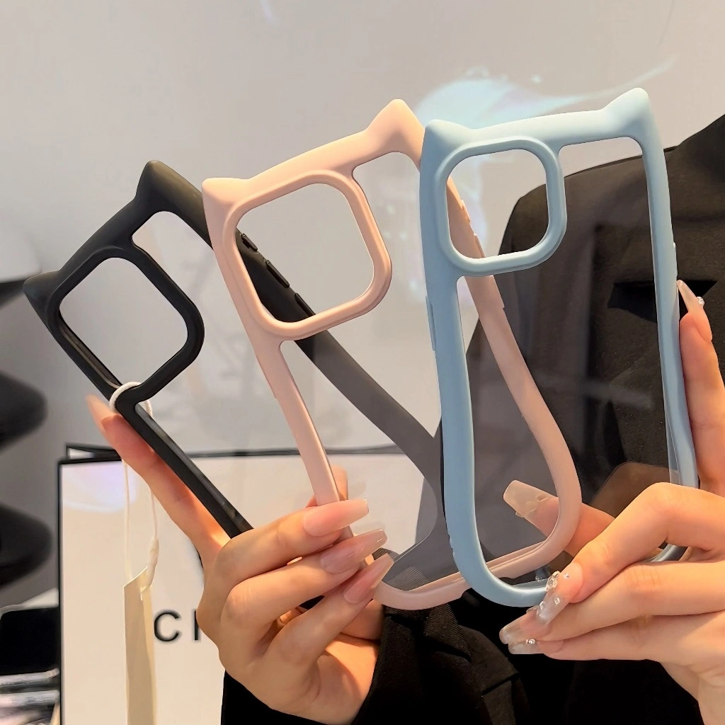 Softcase Cute 3D Cat Ears Silikon Akrilik HP Case For iPhone 15 14 13 12 11 Pro Max X Xs Max Xr Casing Lucu Kartun Shockproof Soft Transparan Cover