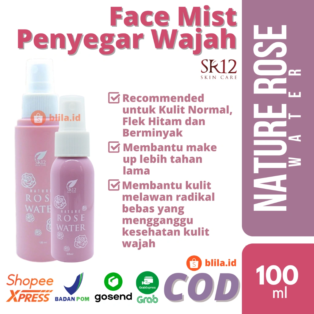 NATURE ROSE WATER SR12 60ml 100ml SPRAY MEMBUAT MAKE UP TAHAN LAMA