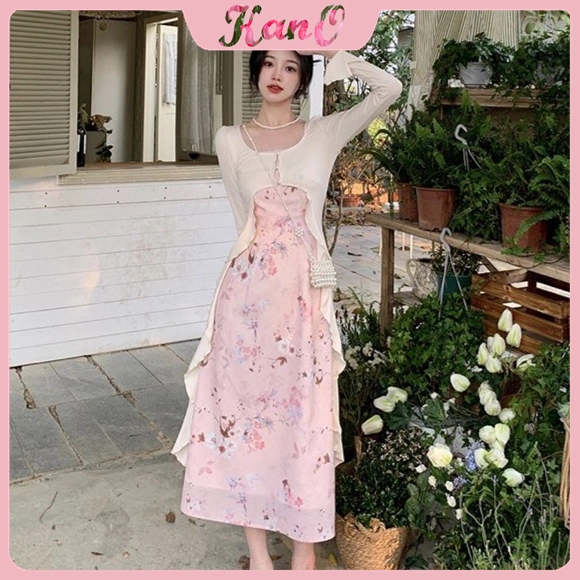 KANO Flower Dress With Long Cardigan Suit Dress dress korean style dress pesta dress korea dress vintage