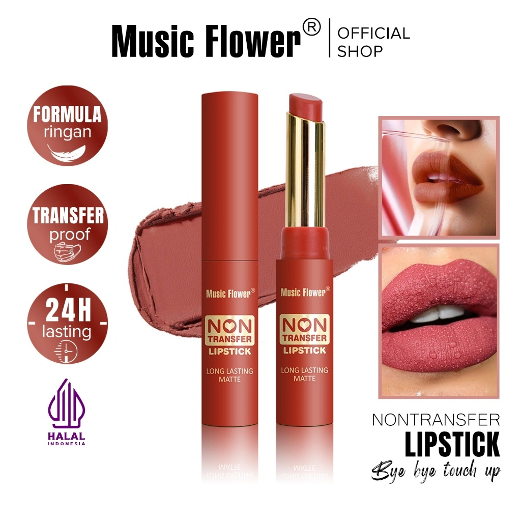 MUSIC FLOWER Non Transfer Lipstick Velvet Matte Silky Touch 24H Long Lasting Transferproof Kissproof Non-Sticky Lipstik Tahan Lama