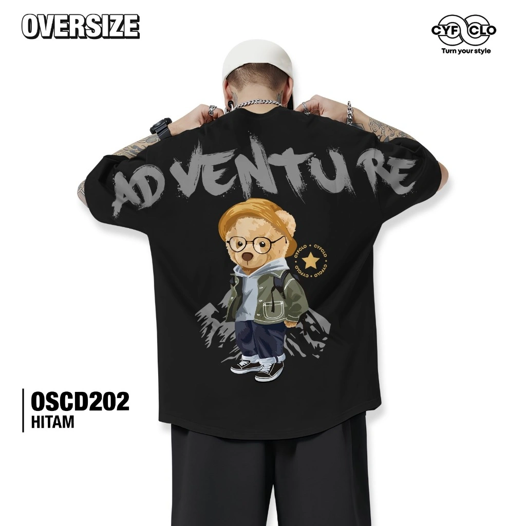 Cyfclo Kaos Oversize Heavyweight 16s Hitam Putih OSCD202 Bear Adventure Baju Atasan Tebal