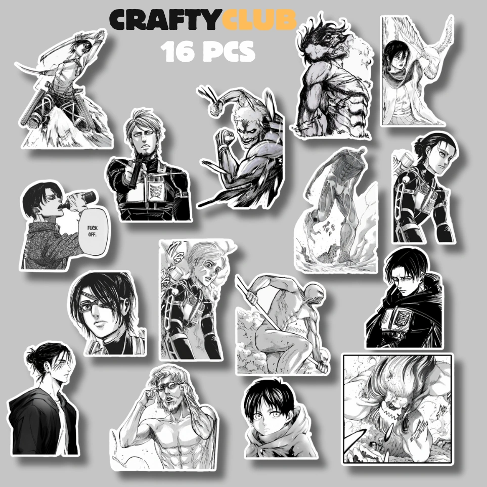 Attack On Titan Stiker,Black And White Stiker (16PCS) Waterproof cocok untuk laptop, tumblr dan Helm