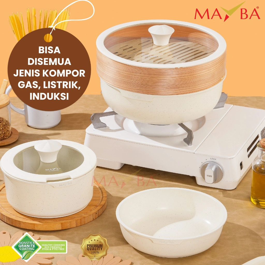 MAYBA Fortune 9 Panci Set Lepas Pasang white granit TEBAL Anti Lengket Wajan Stackable Cookware Set