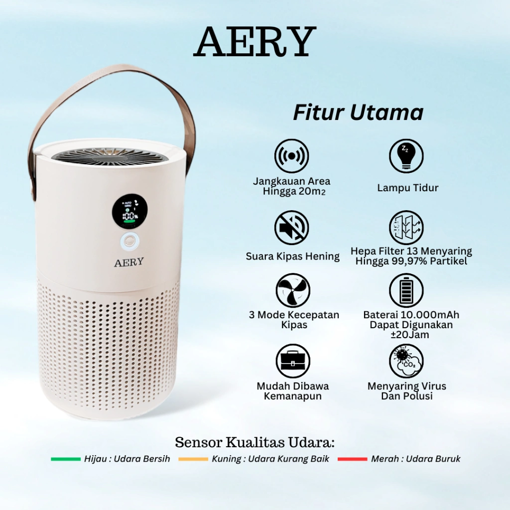 Aery Portable Air Purifier - Hepa Filter 13 Rechargeable 10.000mAh