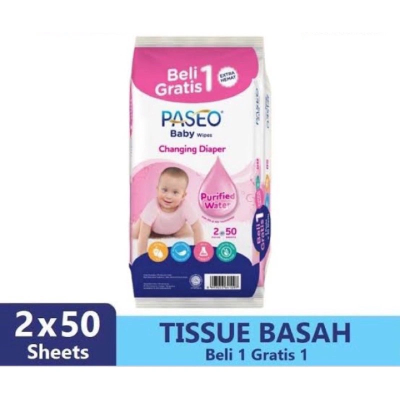 BUY 1 GET 1 TISSUE BASAH PASEO BABY WIPES WET TISSUE 50 SHEETS / TISSUE BASAH BAYI LEMBUT POPOK