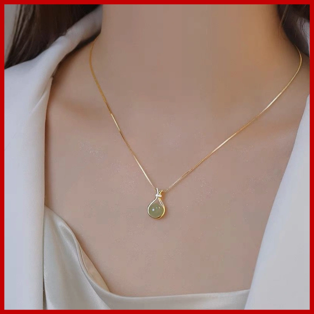 KL12 -- Kalung Pendant Necklace green white model korea simple elegant steel titanium gold necklace glam/ kalung manik manik giok bola hijau