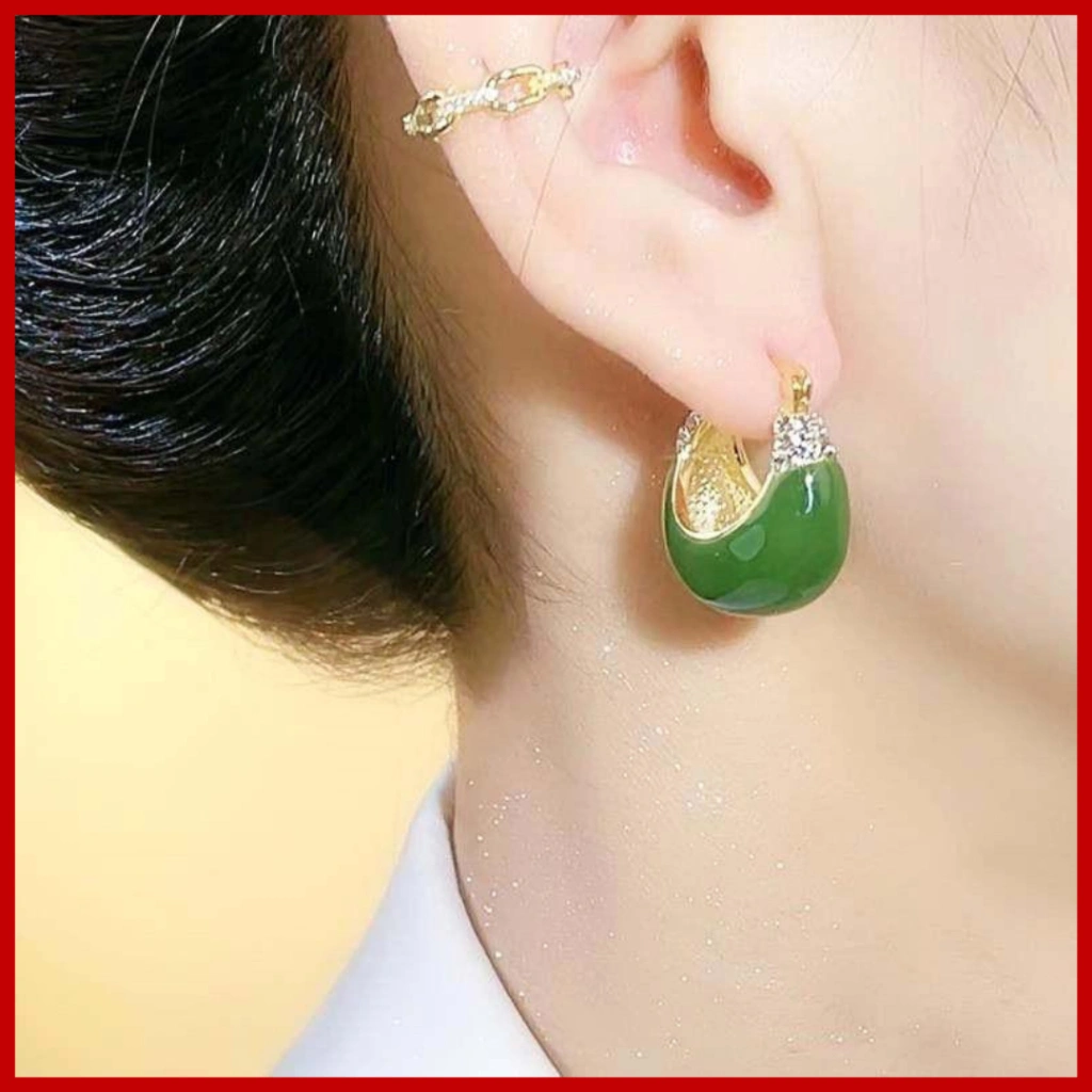 AT145 - ANTING GLAM HOOP GREEN GOLD TITANIUM STEEL KOREAN ELEGANT