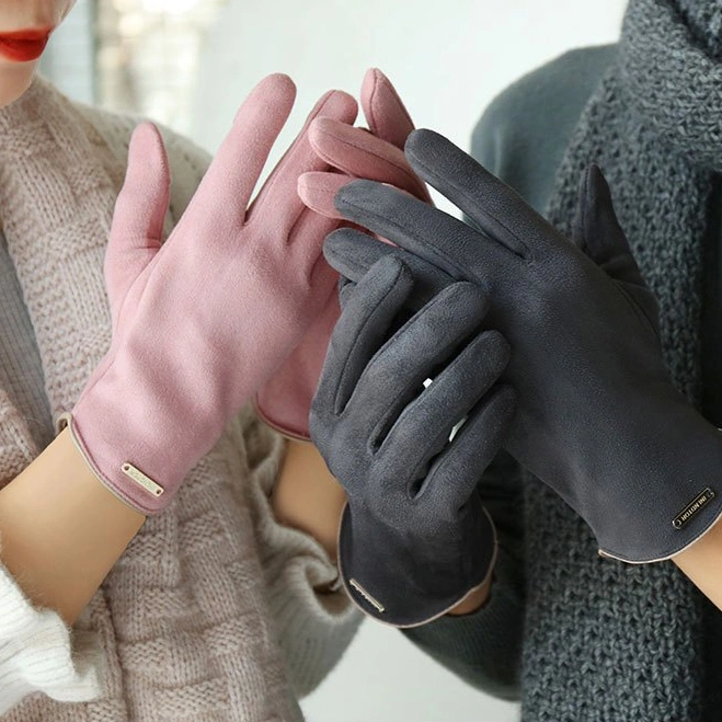 Sarung tangan motor Couple pria wanita touchscreen musim dingin hangat bahan Suede PU lembut warna kulit hitam coklat pink-gloves