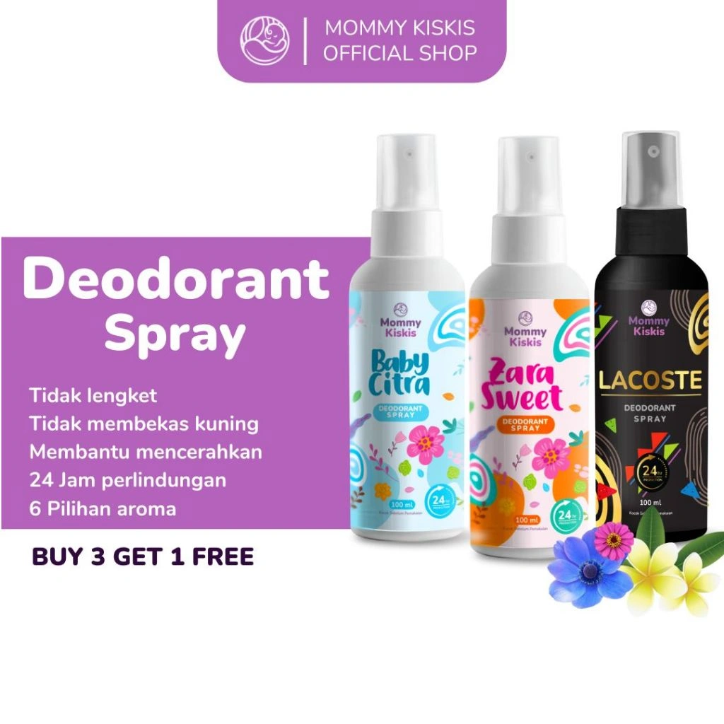 Mommy Kiskis Deodorant Spray | Anti Bau Badan 24 Jam | Mencerahkan Natural Tawas | Anti Ketiak Hitam