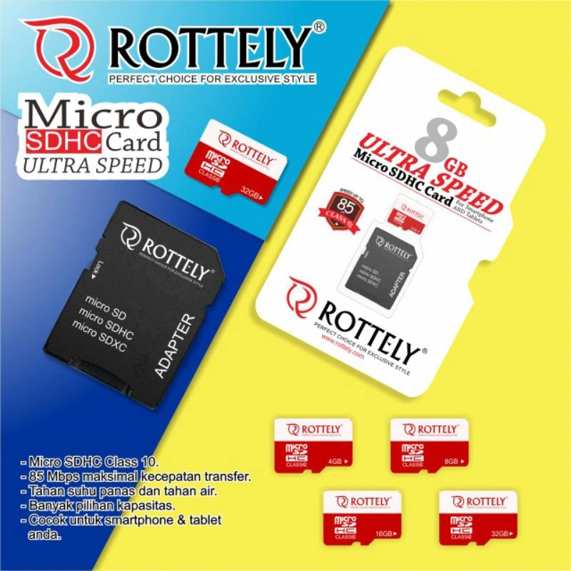 Memory Card ROTTELY Micro SD Card ROTTELY Original 4gb 8gb 16gb 32gb  Class 10 CL10 Turbo Series + ADAFTOR  Memory memori drive penyimpanan MicroSD card memory mikro sd