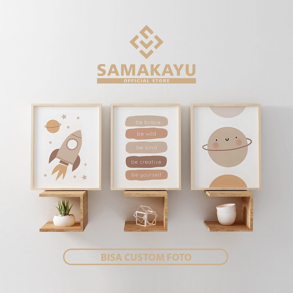 3PCS Cartoon Planet Rocket Decorative Dekorasi Poster Kamar Anak Bingkai Kayu 3pcs Cartoon Planet Rocket Decorative