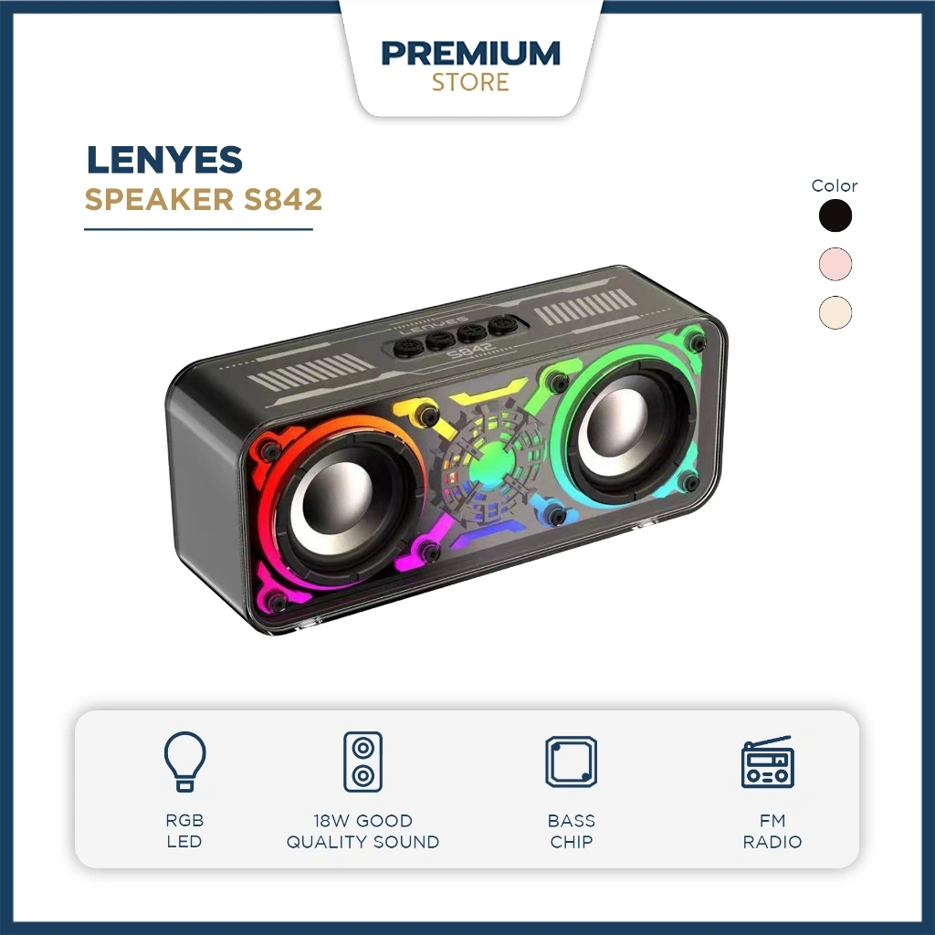 LENYES Speaker Bluetooth S842 18W 5.3 Transparan Wireless RGB LED Light TWS Portable FM Radio