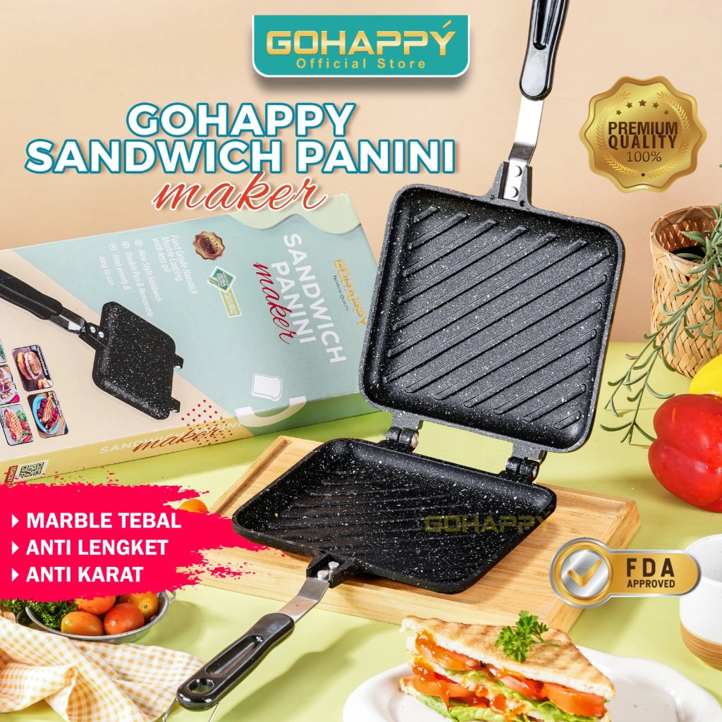 GOHAPPY Cetakan Roti Panini Sandwich maker tanpa listrik - Panci Roti Kue Double Pan ANTI LENGKET - BAHAN MARBLE PREMIUM - HANDLE TAHAN PANAS PALING DIMINATI