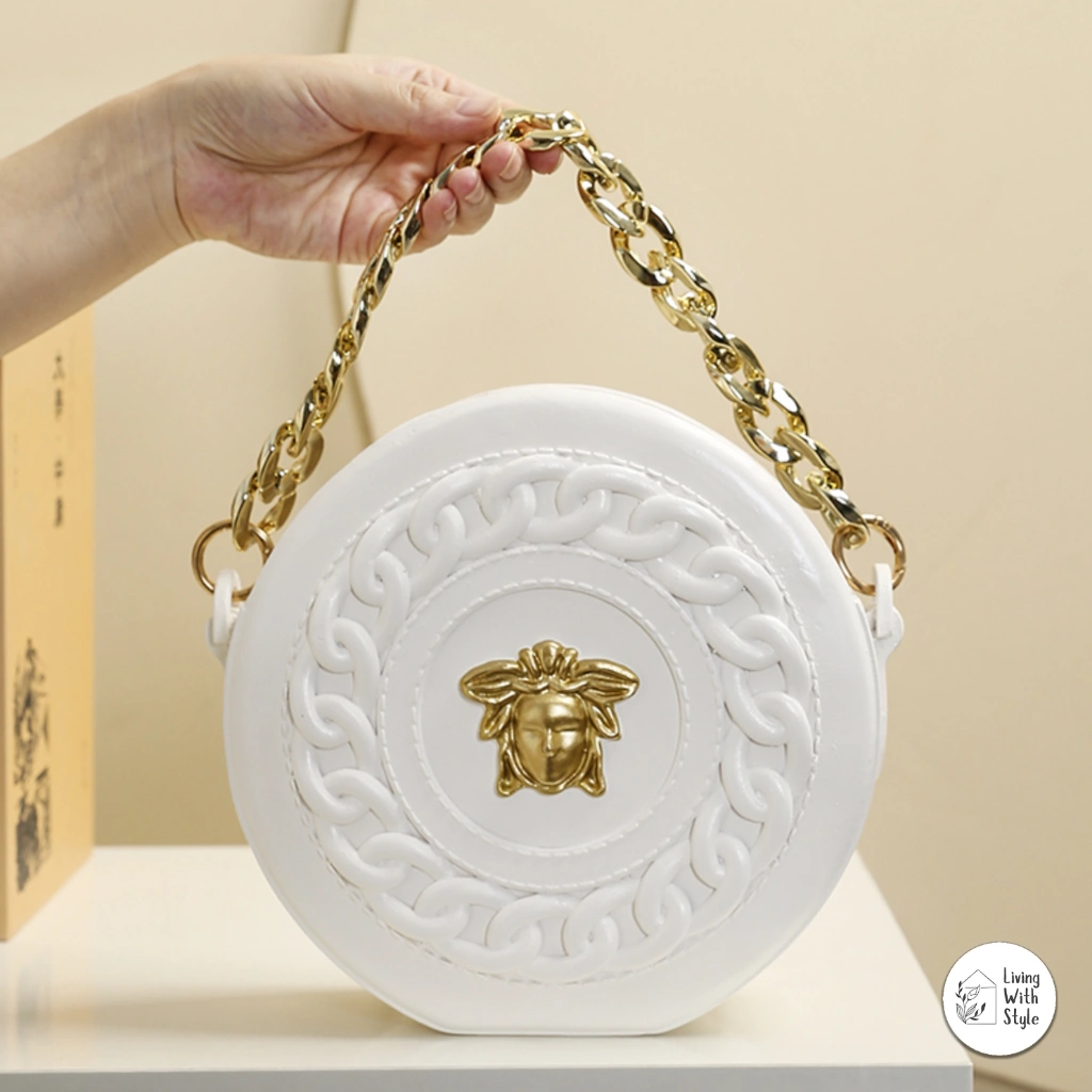 Living With Style - Verce Gold Chain Flower Vase Bag Premium / Vas Bunga Model Tas Branded Cantik Mewah / Vas Bunga Luxury Pajangan Rumah