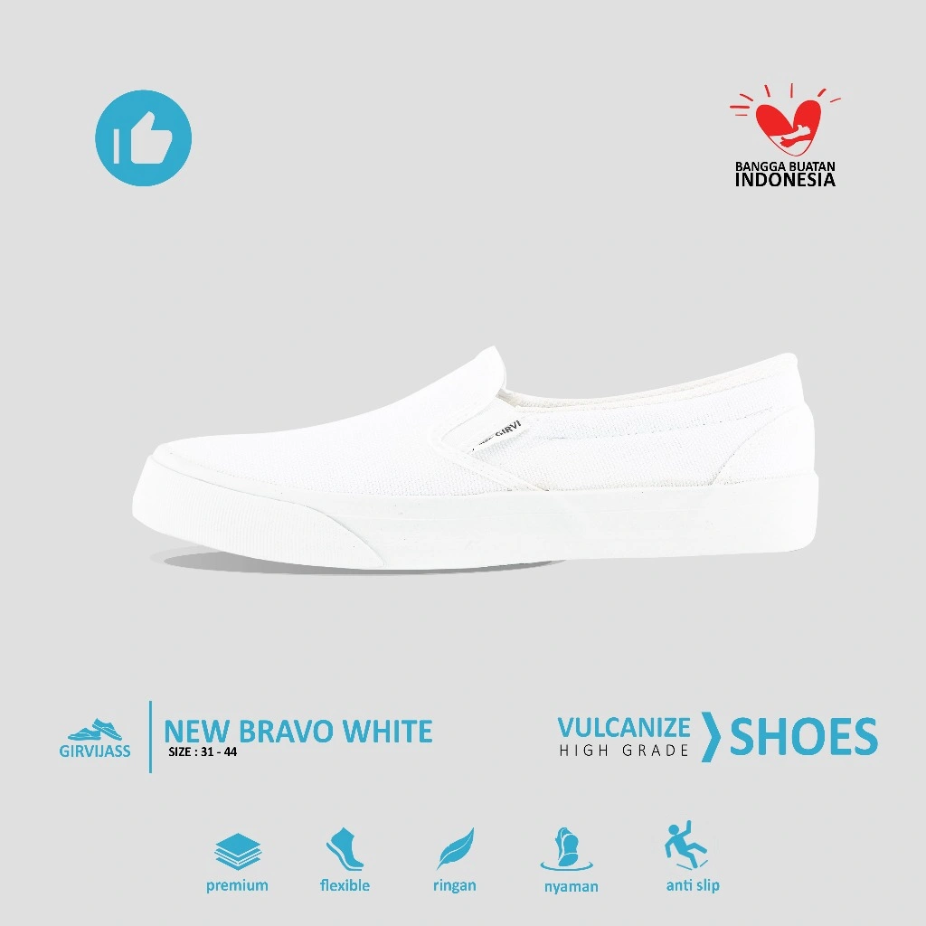 GIRVI New Bravo Sepatu Jass Kanvas Vulcanized Slip On Putih Polos Ukuran 37–42