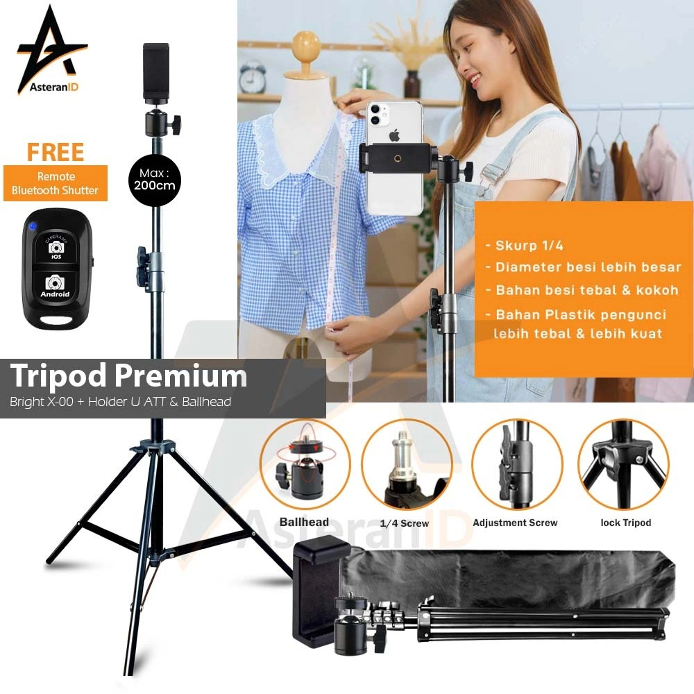 Tripod HP Plus Ballhead dan Holder HP Tinggi Tripod 2M Light Stand Plus Holder U