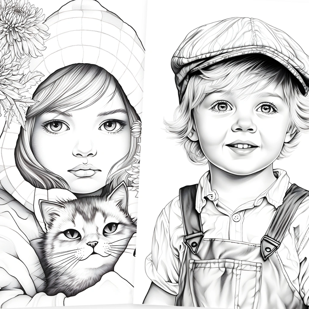 MJ19 Gambar Mewarnai Dewasa Grayscale - Tema Sketsa Anak Laki dan Perempuan