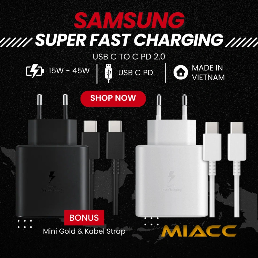 CHARGER SAMSUNG SUPER FAST CHARGING TYPE C S8 S9 Note 10 A50 A70 A72 A32 M31 A51 A52 S20 S21 25W 45W