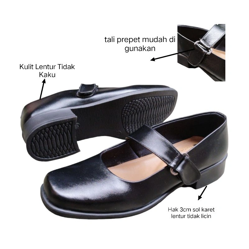 D&f Sepatu Paskibra Wanita Hitam Hak 3cm Sepatu Pantofel Paskibra Original Kulit Lembut Sol Karet