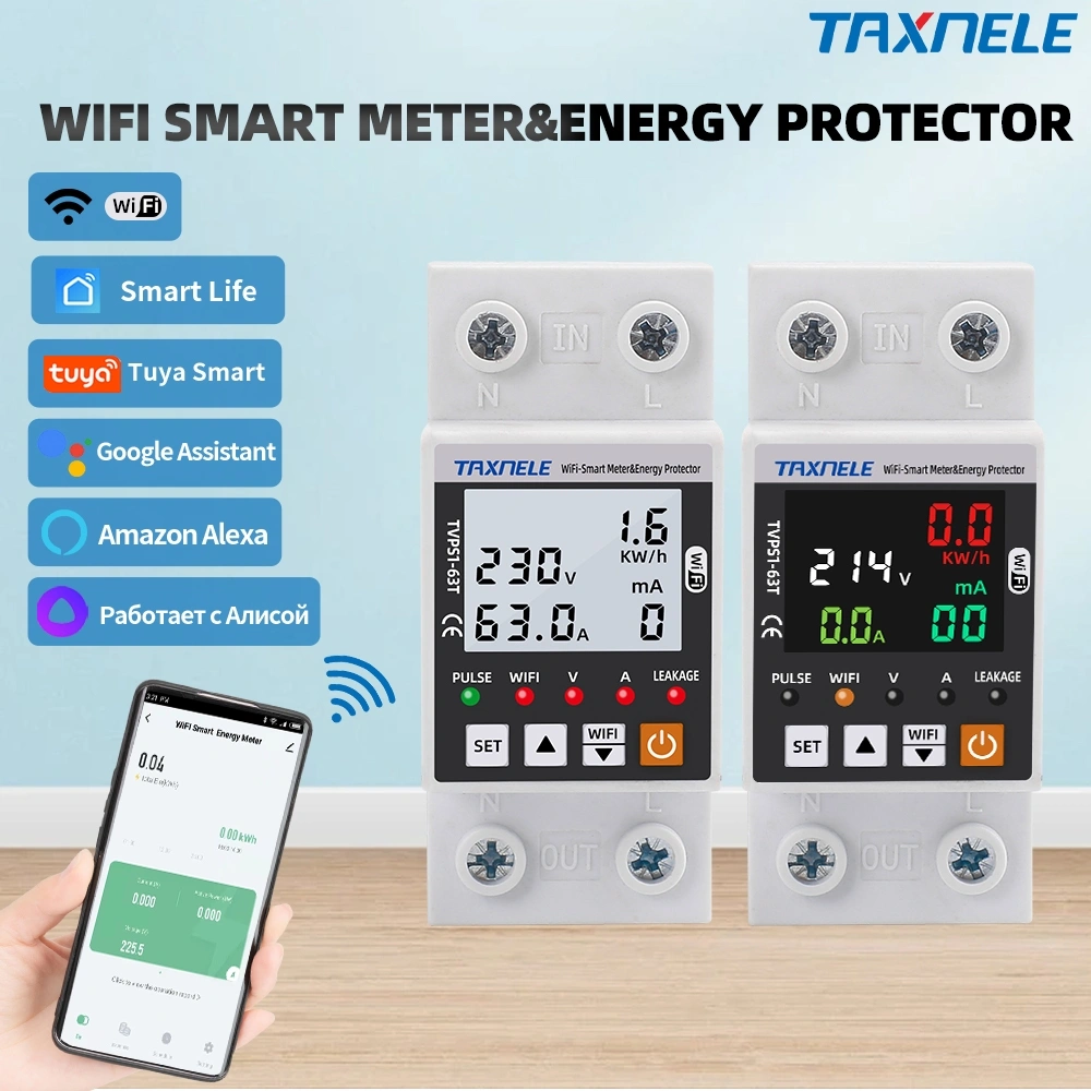 TAXNELE TVPS1-63T TUYA WiFi Smart 63A mendeteksi Kebocoran Di Bawah Pelindung Tegangan Perangkat memiliki Relai Pemutus Sakelar Daya Energi KWh Meter Circuit Earth Leakage Over Under Voltage Protector Relay Device Switch Breaker Energy Power kWh Meter