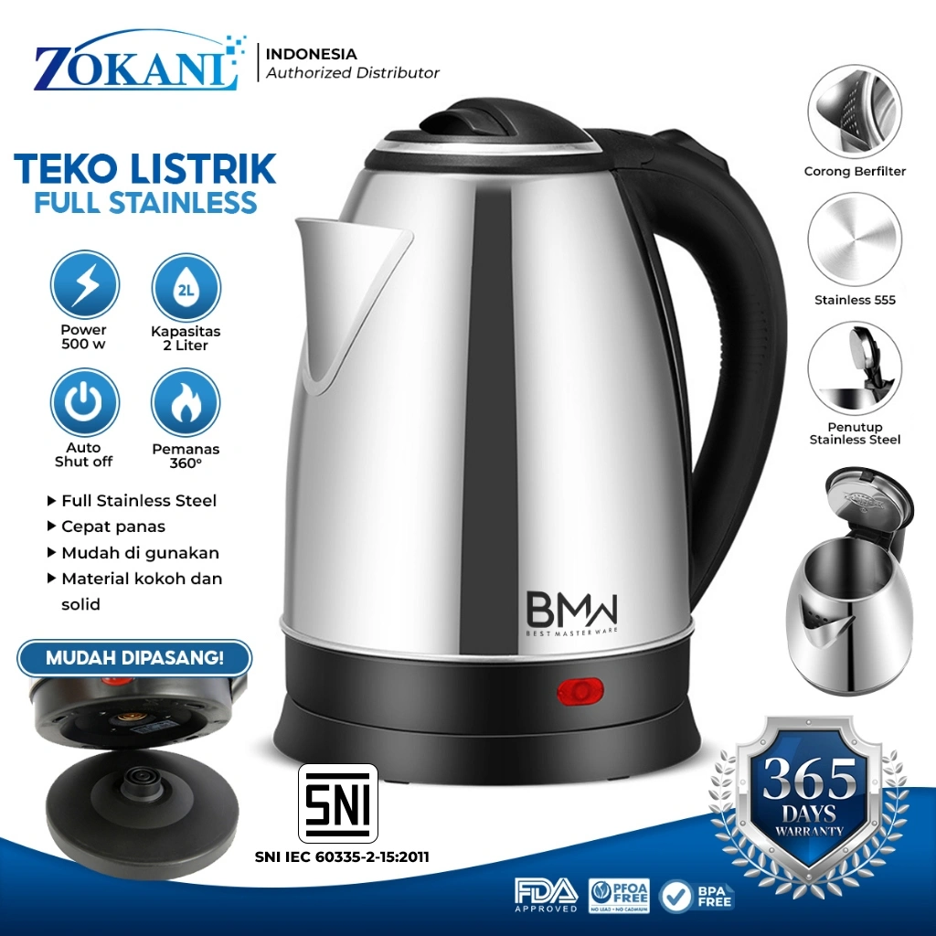 Zokani Teko Listrik Pemanas Air Electric Kettle ketel besar otomatis stainless 2.0L ceret