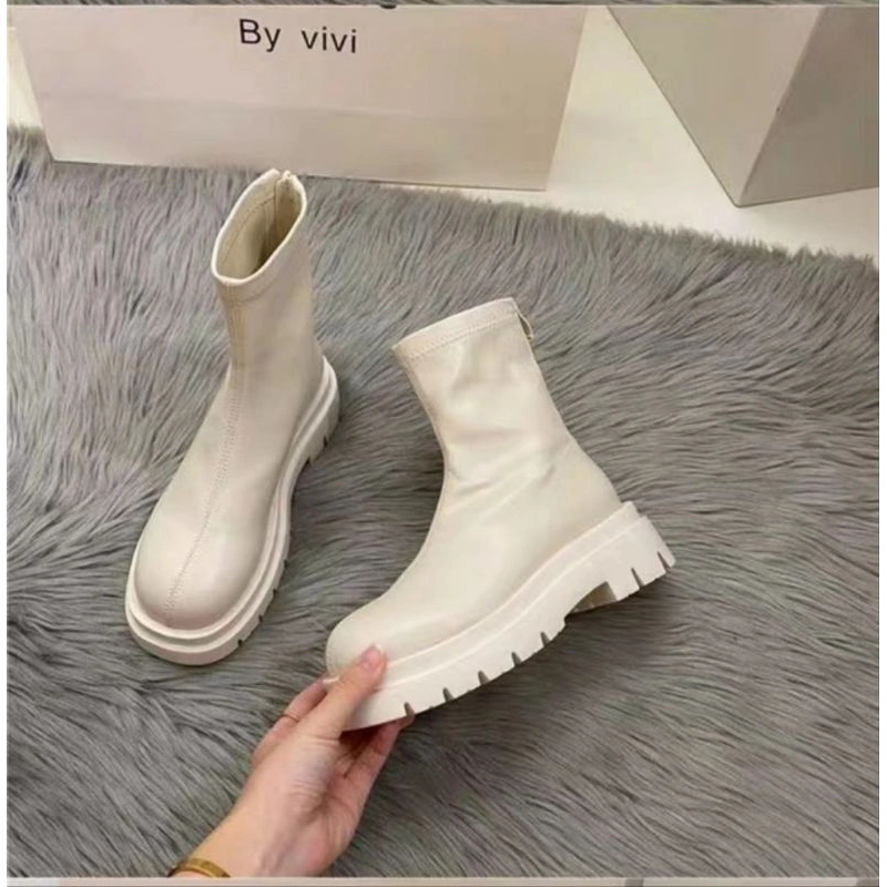 Sepatu Boots High Ankle Flats Faux Leather Zipper Wanita Ootd Korea S99