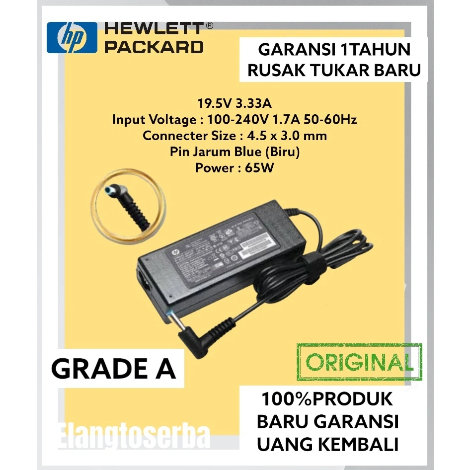 Original adaptor laptop  Charger laptop Hp Compaq (Pin BIRU) 19.5V 3.33A garansi 1tahun