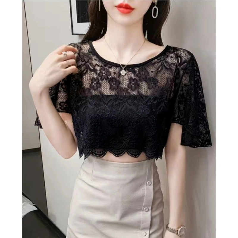 Atasan Brokat Crop Lengan Balon