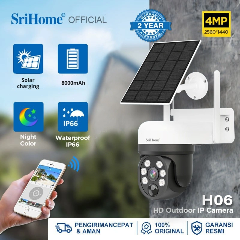 Srihome CCTV Solar Outdoor H06 4MP HD CCTV Tenaga Surya Wireless PIR Low Power Battery IP Camera CCTV WIFI Wireless HP Remote Monitoring