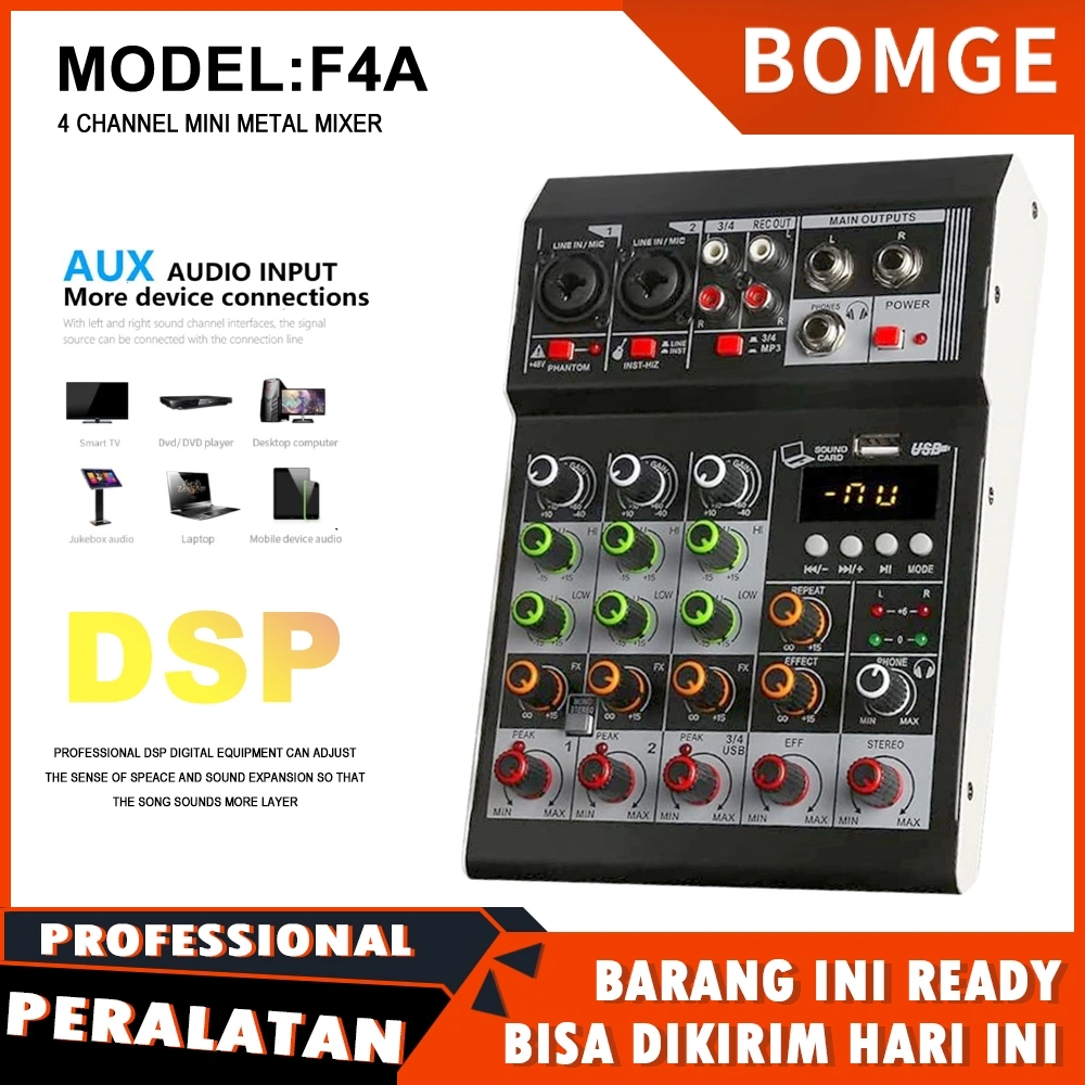 BOMGE Audio Mixer 4 Channel Mini Audio Mixer SoundCard DJ controller Mini Family KTV karaoke mixer USB/BT Effects Interface Mixer
