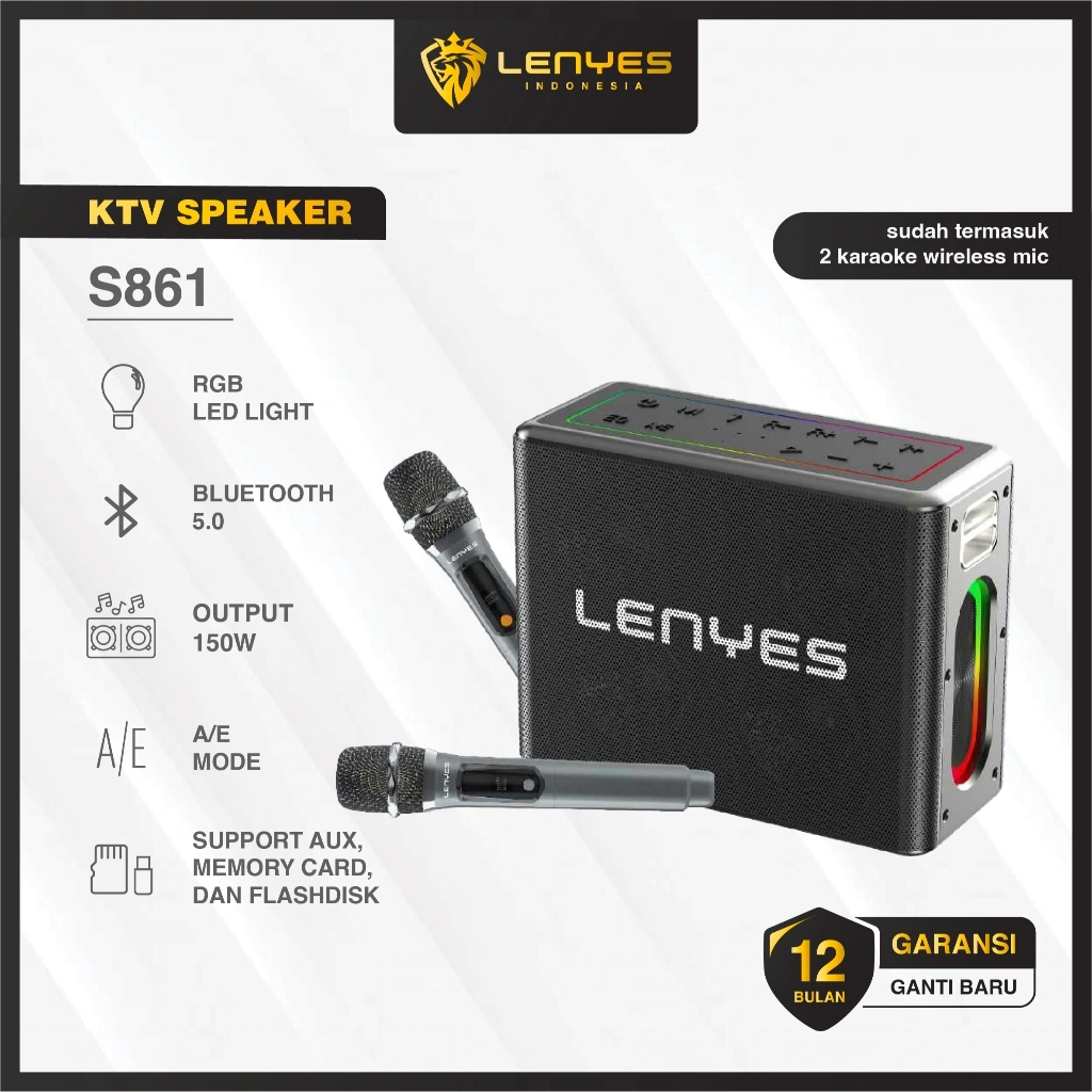 LENYES S861 150W KTV RGB LED Light Wireless Speaker + Microphone Karaoke Bluetooth 5.0 Portable High Power