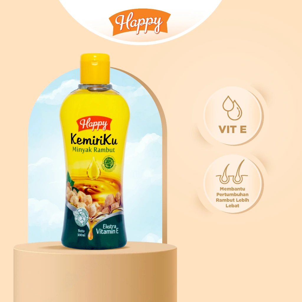 Happy Kemiriku Minyak Rambut 3pcs 100ml – Minyak Rambut Kemiri Menumbuhkan Rambut Lebat & Kuat | Vitamin E | BPOM Halal Aman untuk Kulit Kepala Sensitif