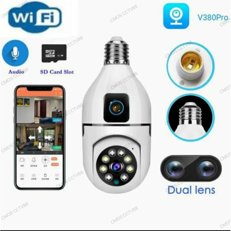 IP Camera CCTV Bohlam Lampu V380Pro PTZ Dual Lensa Monitor Ganda