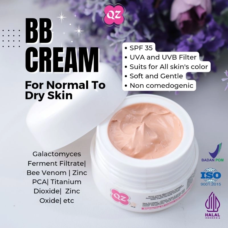 QZ BB CREAM FOR NORMAL TO DRY SKIN | Sunscreen SPF35 | Foundation Ringan | BB Cream Halal | Bedak Premium | Cerahkan Kulit | BB Cream Kulit Normal Kering | Galactomyces Ferment Filtrate | Sunscreen + Bedak + Skincare | Daily Makeup | Krim Siang Ringan |