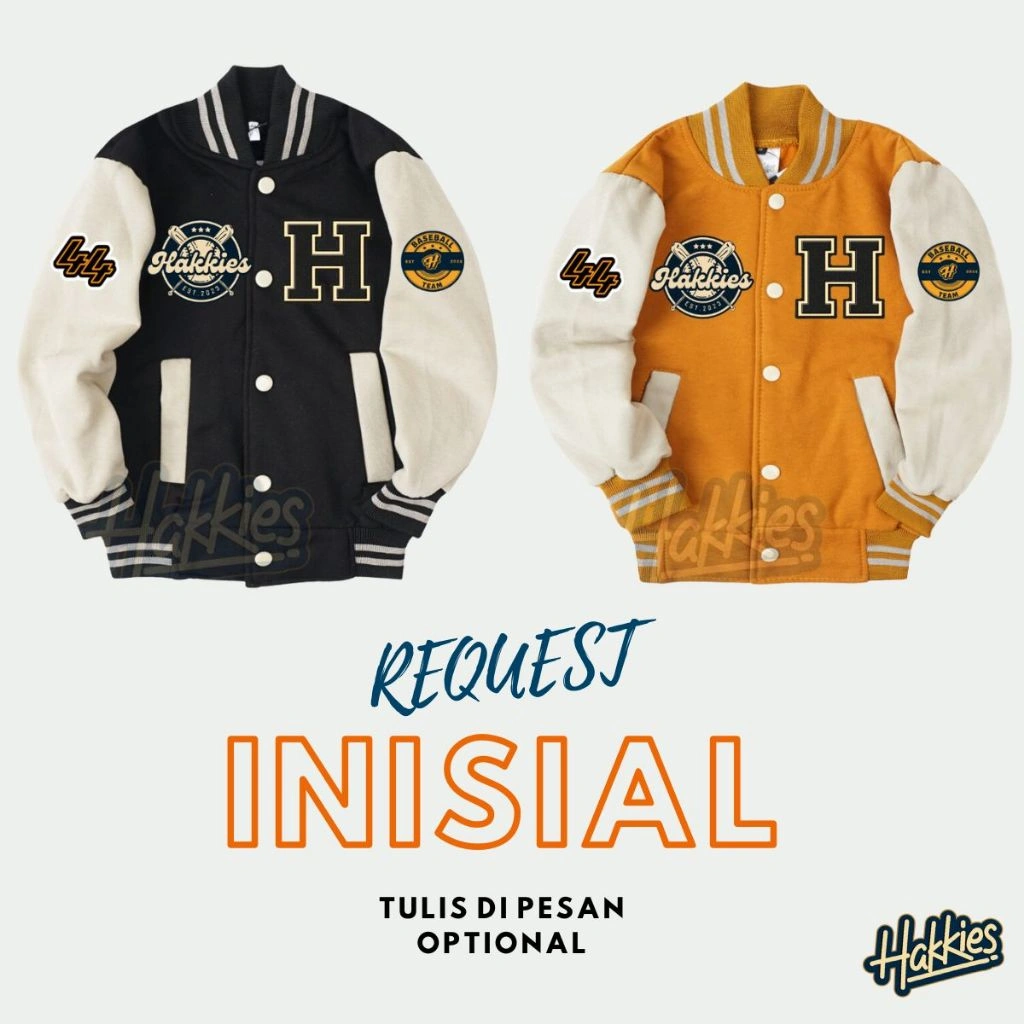 HAKKIES Varsity Jacket Baseball Anak Inisial A-Z Laki Laki Perempuan Umur 1 - 12 Tahun Tahun
