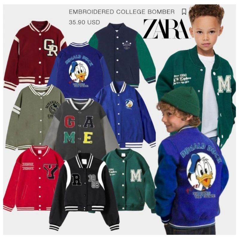 Jacket Zra Versity anak unisex laki laki perempuan bomber size 4-14 Tahun