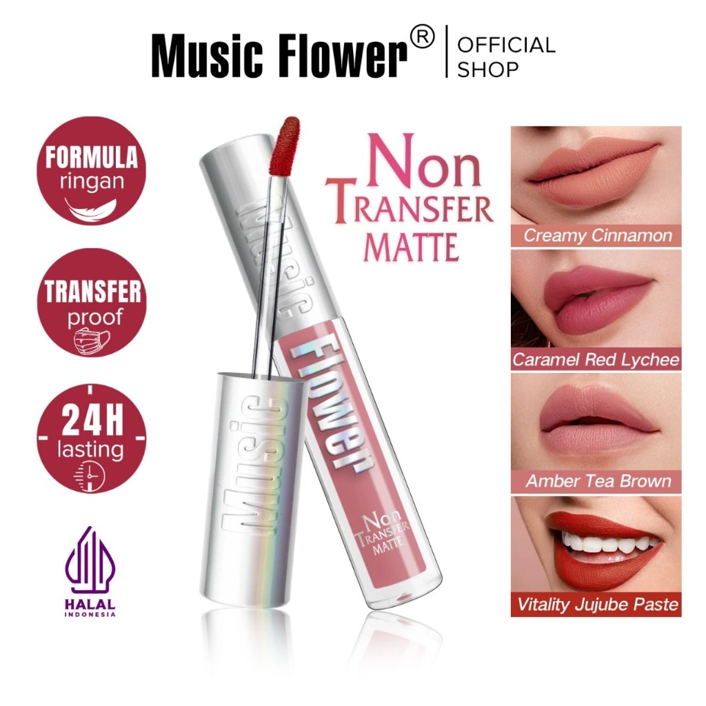 MUSIC FLOWER Non Transfer Lipstick Velvet Matte Silky Touch 24H Long Lasting Transferproof Kissproof Non-Sticky Lipstik Tahan Lama