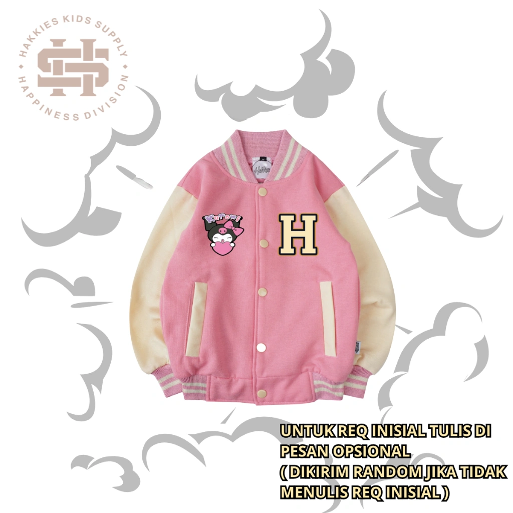 HAKKIES Varsity Jacket Baseball Kuromi Anak Inisial A-Z Laki Laki Perempuan Umur 1 - 12 Tahun Tahun