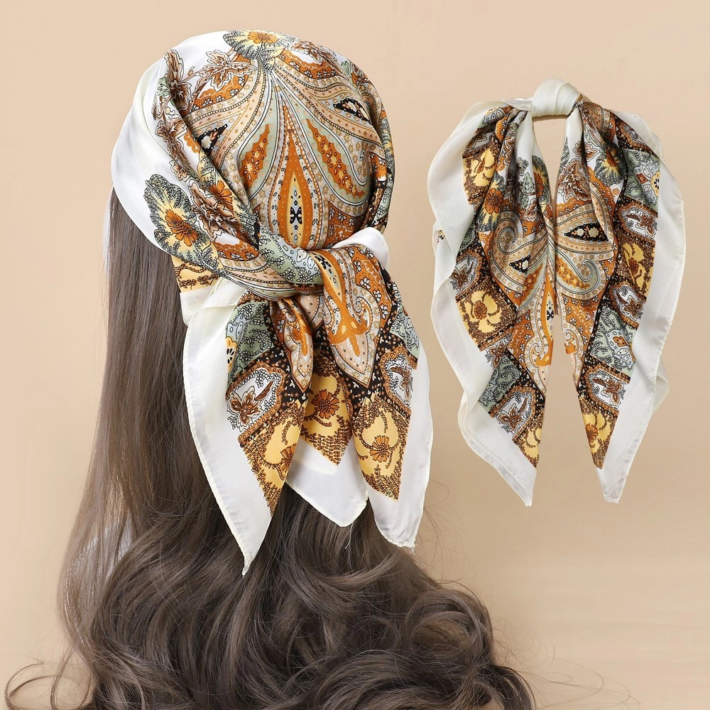 Syal Persegi Retro Amerika Scarf Sutra Imitasi Eropa dan Amerika untuk Wanita Syal hijab segi empat Ikat Kepala Motif Mete Paisley