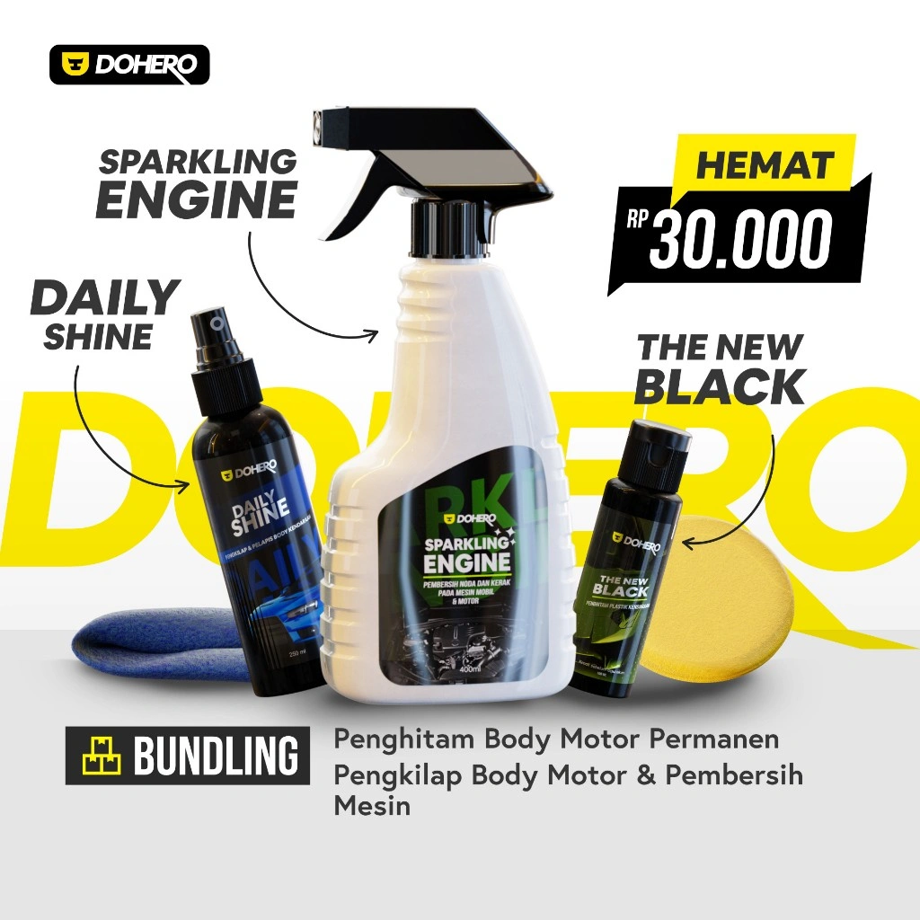 Dohero Paket Penghitam Body Motor, Pembersih Mesin & Pengkilap Body Motor Mobil - Bundling The New Black, Sparkling Engine, Daily Shine