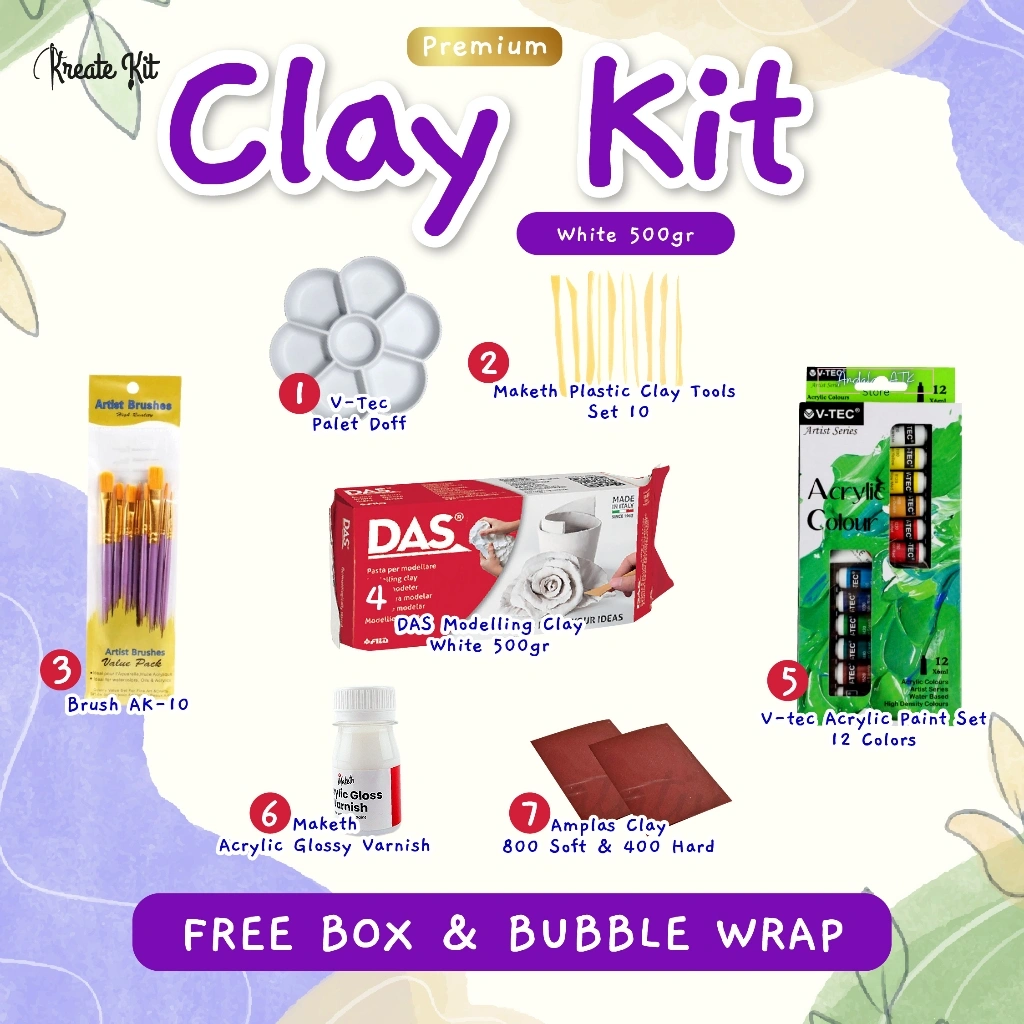 Diy Clay Kit Set Lengkap Premium 500 Gr & 1 Kg Kerajinan Tanah Liat Air Dry Kreate.Kit