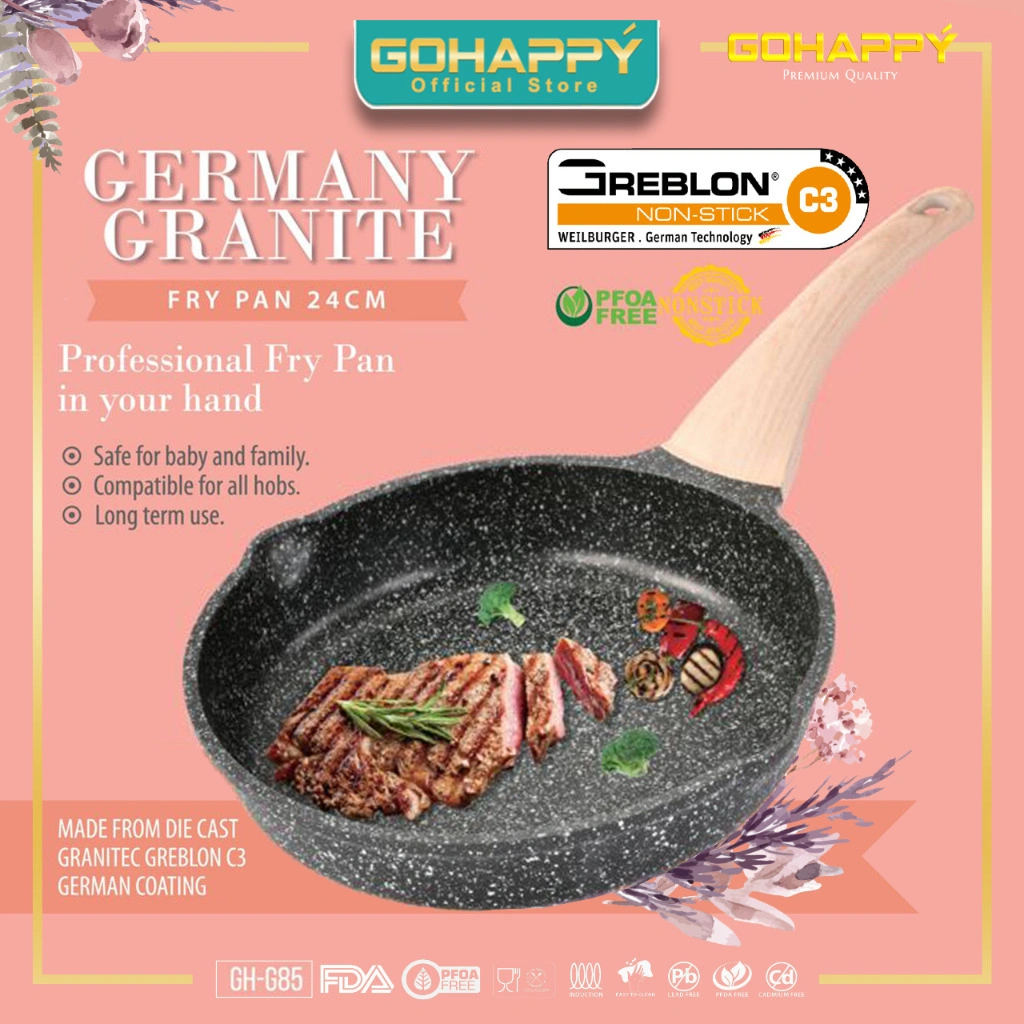Wajan Panci Fry Pan 24cm Gohappy Germany Black Granite, Greblon C3, Tahan Lama, 3X Lebih Tebal