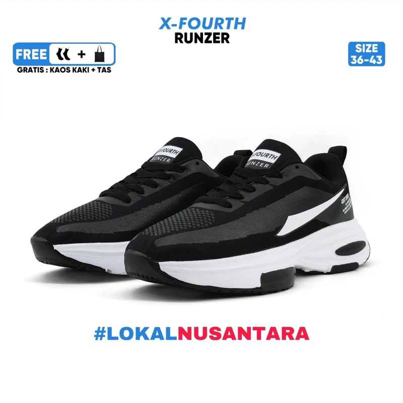 X-Fourth Runzer Hitam Putih - Sepatu Sekolah Sneakers Kerja Casual Dan Olaharga Pria Wanita Original Sneakers Original