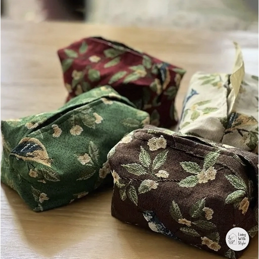 Living With Style - Vintage Floral Bird Tissue Pouch Case / Tempat Tissue Kain Motif Bunga dan Burung Cantik / Tas Case Tissue Mobil Rumah Model Flower Retro Cantik