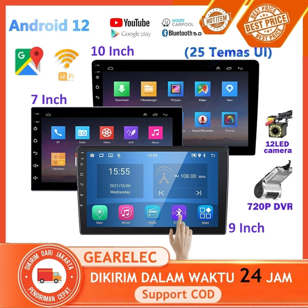 GEARELEC Android 14 Head Unit 7/9/10inci Mobil Navigasi 4G + 32G Double Din Car Radio Bluetooth/GPS/FM IPS Lapisan Layar Sentuh with 25 tema